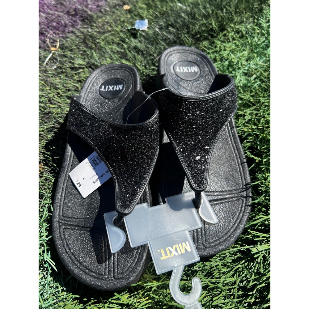 Mixit Women Black Glitter Flip Flop Sandals Thong Sparkling Summer Shoes Size 8